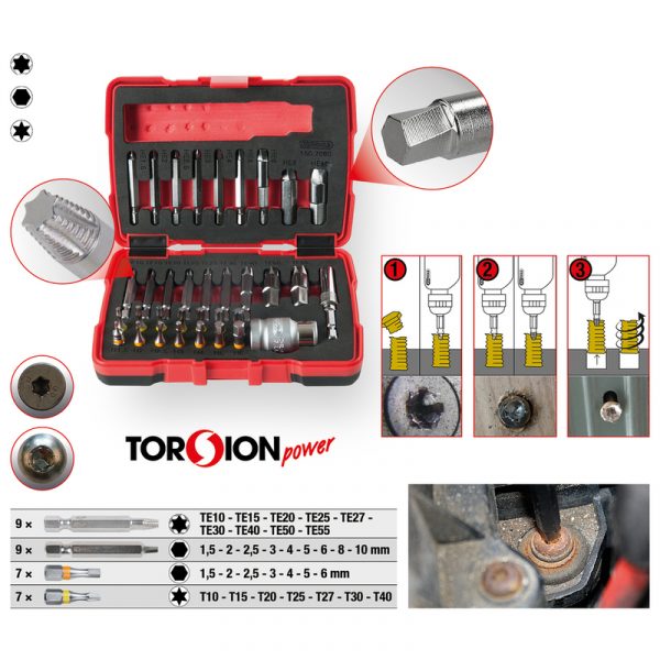 Juego de extractores de tornillos con encastre hexagonal de 1/4" + 10 mm Torx y Allen, 34 pzs