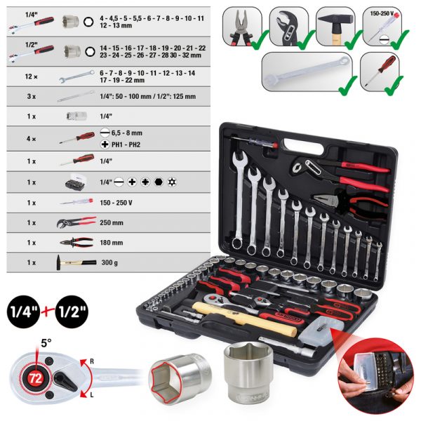 Juego de herramientas, 88 pzs 1/4"+1/2"