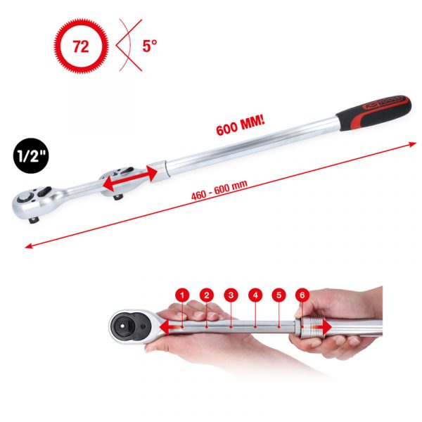 Carraca reversible telescópica de 1/2", extralarga, 72 dientes